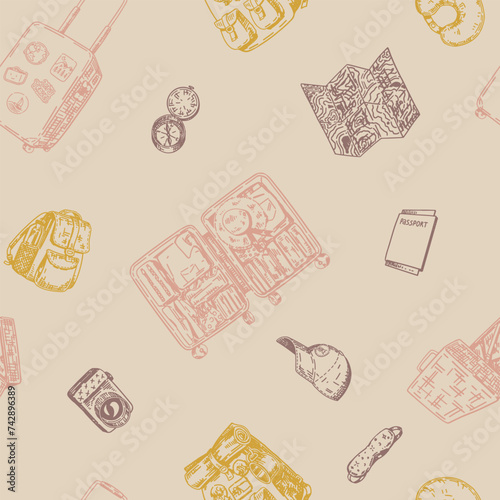 Journey seamless pattern. Ornament of trip attributes, luggage, travel accessories. Vector design in engraving style.