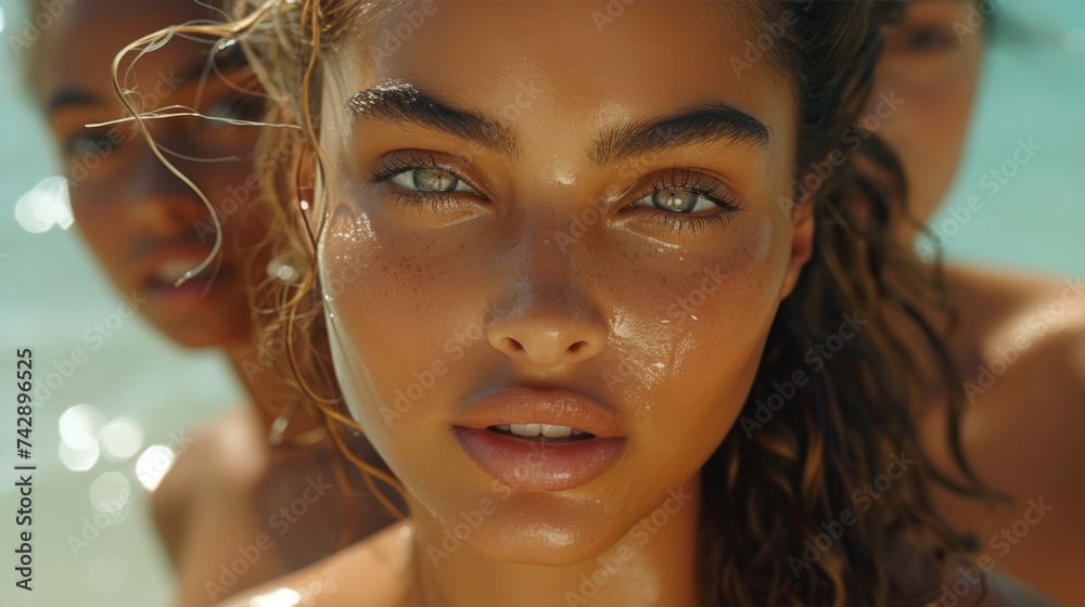 Obraz premium Young girl with freckles in sunlight on the beach. Natural beauty close-up.