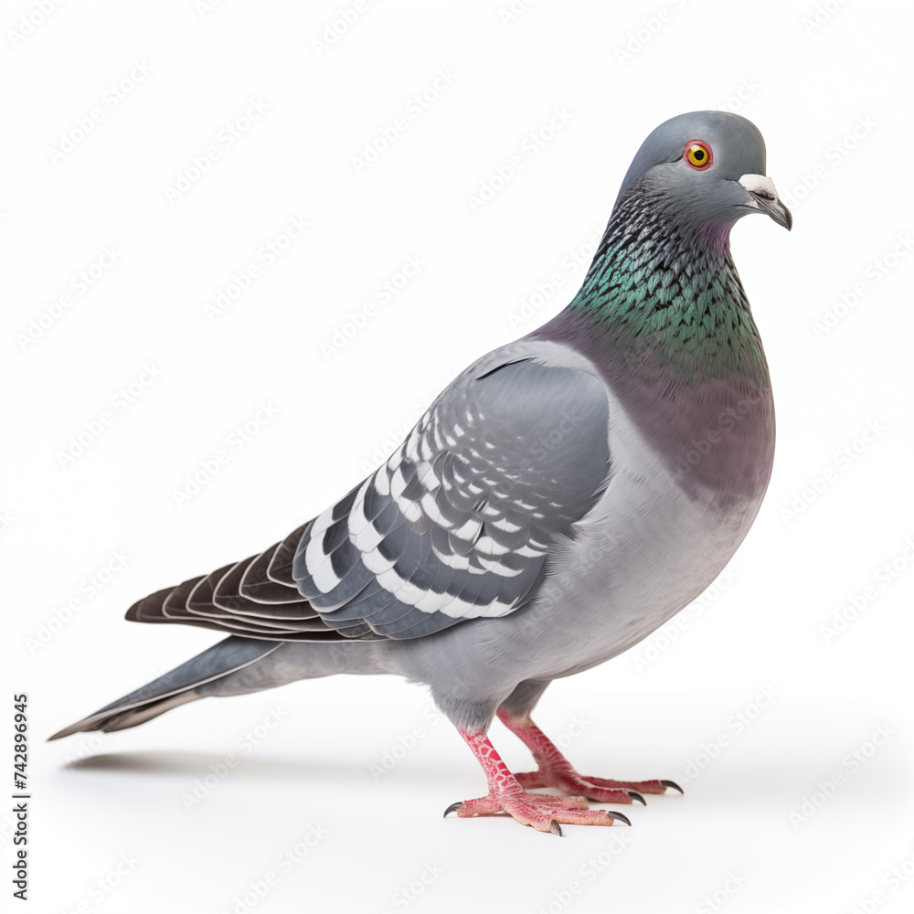 Full body of standing pigeon bird isolate on white background