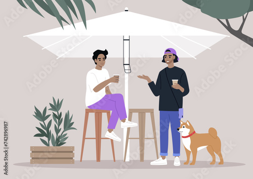 Serene Afternoon at a Backyard Gathering With Friends and a Shiba Inu, Two characters enjoying a conversation with a dog by their side under the shade of an umbrella