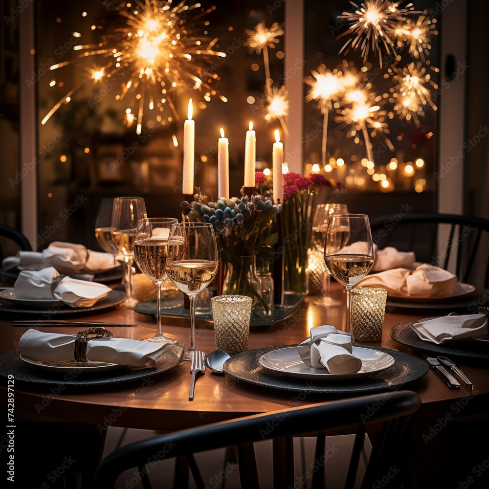 New Year's Eve Celebration Background, Table setting for romantic dinner in restaurant