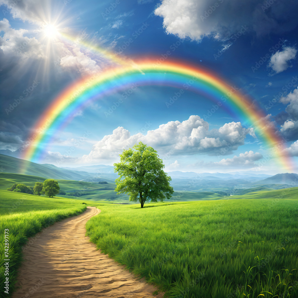 Obraz premium Green meadow with a rainbow