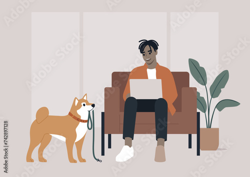 During a crucial business call, the character's Shiba Inu persistently tries to grab their attention by bringing a leash, hinting at a longing for a walk outside