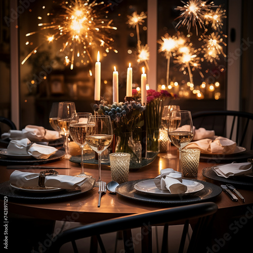 Obraz na płótnie New Year's Eve Celebration Background, Table setting for romantic dinner in restaurant w salonie