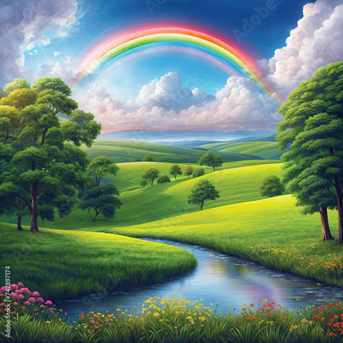 Green meadow with a rainbow