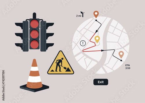 Anticipating Delays on the road, A stylized depiction of city navigation with traffic signals, roadwork signage, and a mapped route showing an estimated arrival time