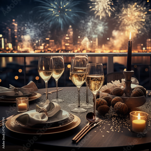 Obraz na płótnie New Year's Eve Celebration Background, Table setting for romantic dinner in restaurant w salonie