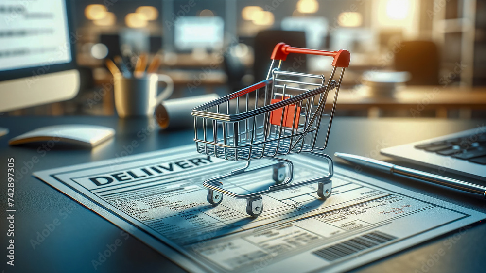 shopping cart placed on top of a delivery bill, with a blurred office background.