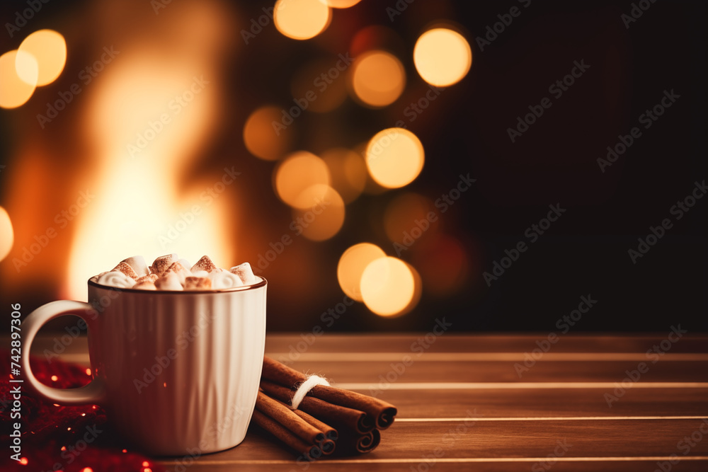 Steaming hot caramel latte in glass mug on wooden background, cinnamon sticks, christmas mood