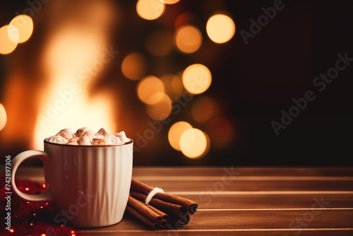 Obraz na płótnie Steaming hot caramel latte in glass mug on wooden background, cinnamon sticks, christmas mood w salonie