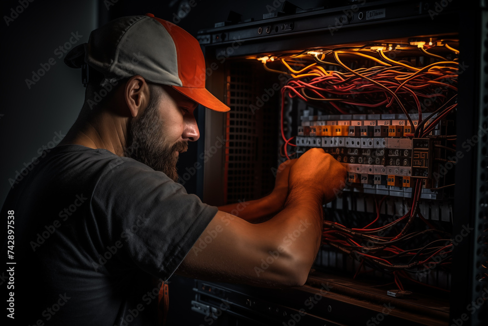 The electrical engineer's work tester works the voltage and current of the electrical line in the control of the electrical cabinet.