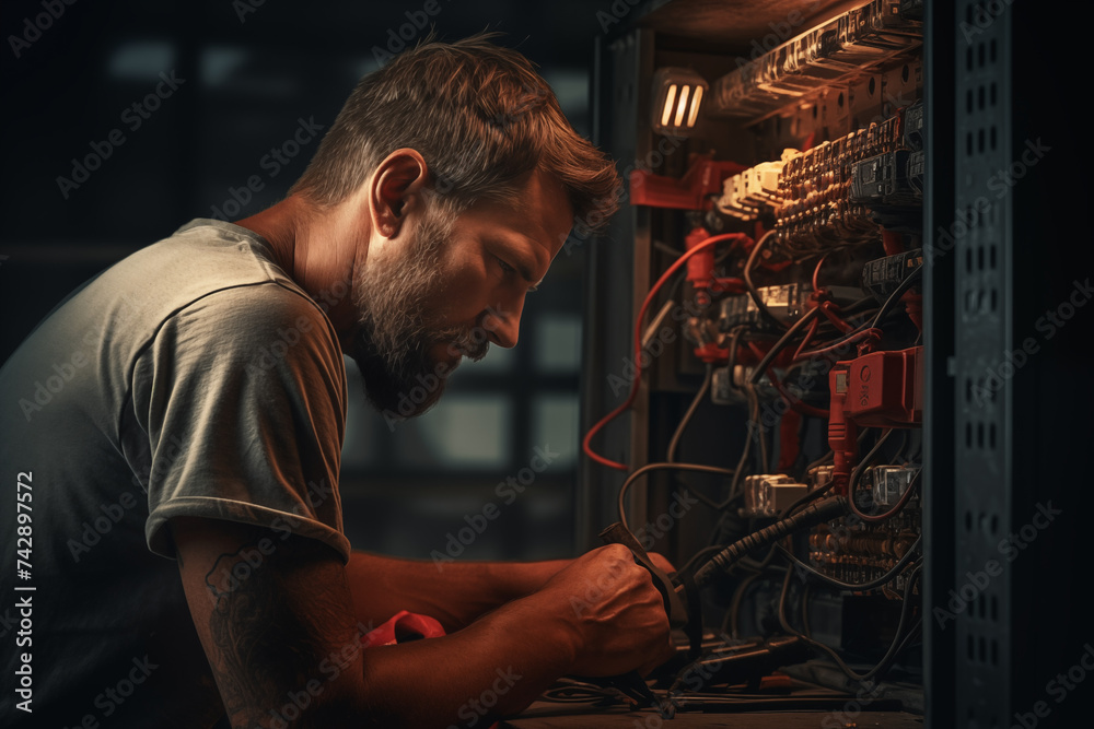 The electrical engineer's work tester works the voltage and current of the electrical line in the control of the electrical cabinet.