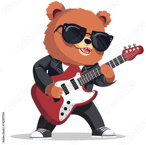 Cute rockstar bear playing guitar  vector illustration