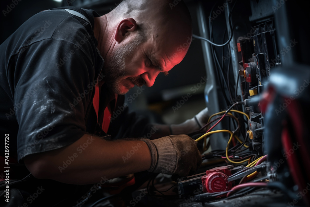 The electrical engineer's work tester works the voltage and current of the electrical line in the control of the electrical cabinet.