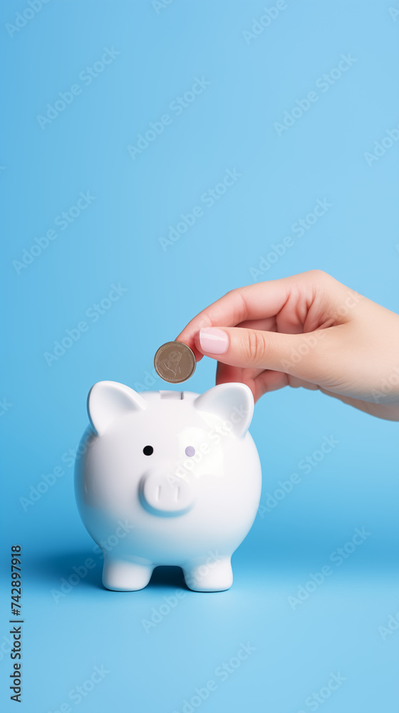 Hand putting coin to piggy bank