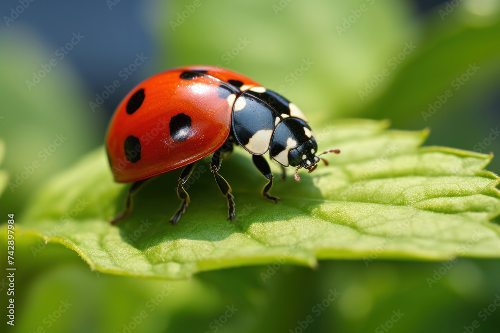 A ladybug on a leaf in the field. A ladybug on a leaf in the field.