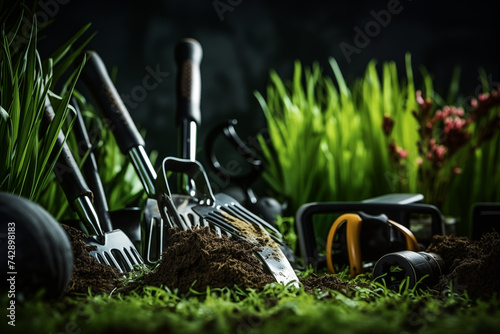 Obraz na płótnie Gardening - Set Of Tools For Gardener And Flowerpots In Sunny Garden On the grass w salonie