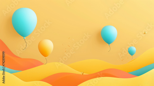 Vibrant Paper Cut Design with Floating Balloons over Wavy Abstract Landscape