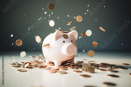 Pink piggy bank, with coins falling into slot
