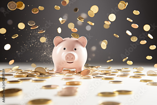 Pink piggy bank, with coins falling into slot