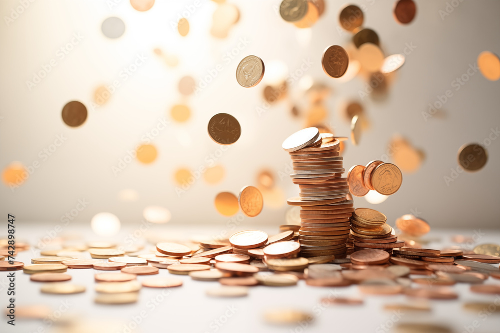 Gold coins falling down with bluured background