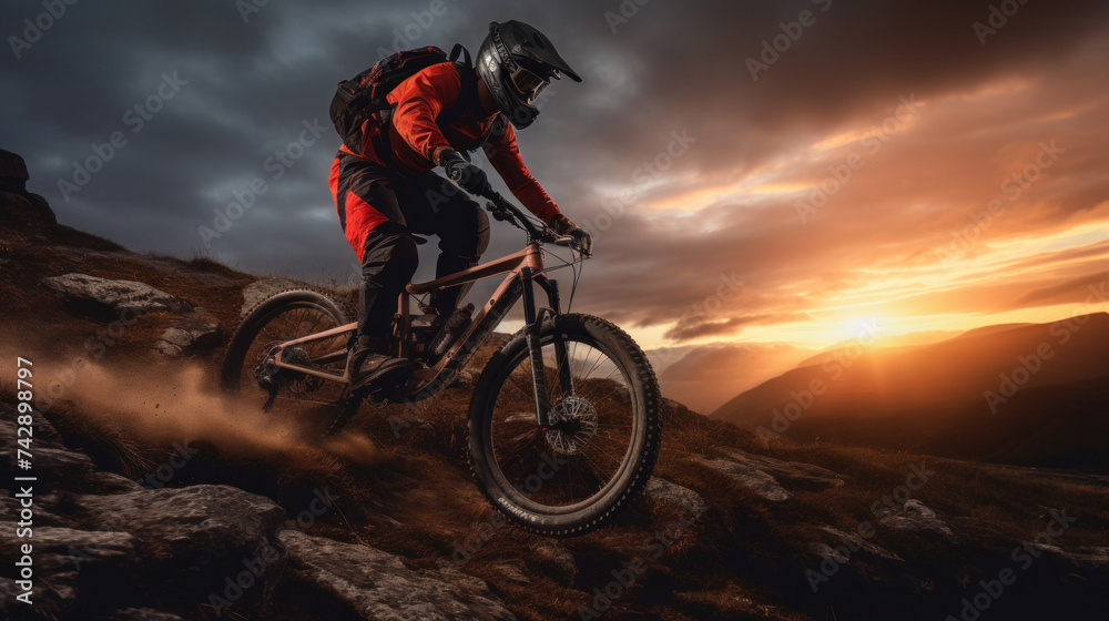 A rider with enduro mountain bike electric bike. A rider with enduro mountain bike electric bike.