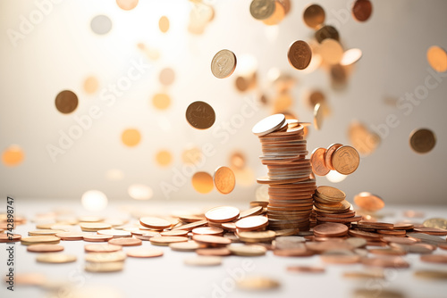 Obraz na płótnie Gold coins falling down with bluured background w salonie