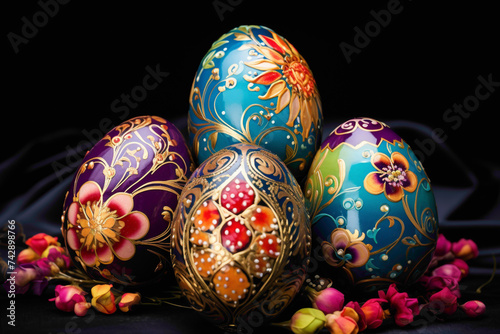 Vibrant Easter eggs adorned with intricate floral patterns and shimmering metallic accents, symbolizing the beauty and abundance of the springtime season.
