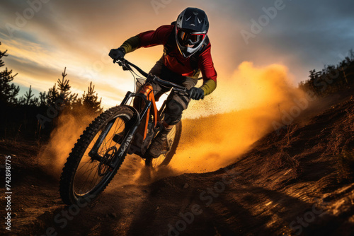 A rider with enduro mountain bike electric bike. © Wararat