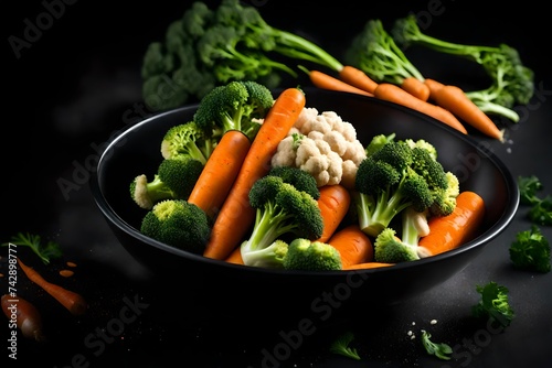 Food, vegetable, meal, panThe steam from the vegetables carrot broccoli Cauliflower in a black bowl, a steaming. Boiled hot Healthy food on table on black background,hot food and healthy meal concept photo