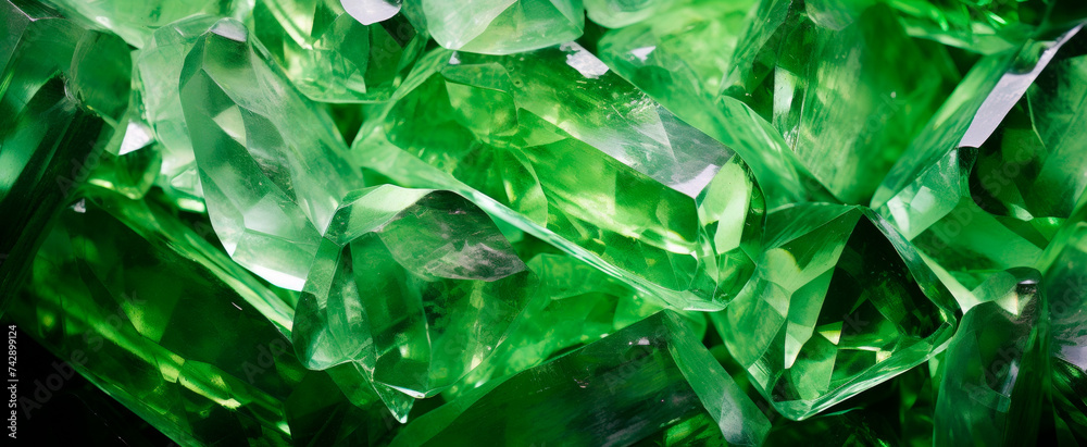 Obraz premium Vivid green chrysolite crystals shimmer with reflected light, evoking luxury and value but also artificiality
