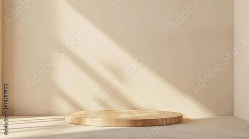 empty round wooden  podium on beige background with shadow tropical leaves, Empty or blank minimal wooden table counter, wooden podium background for product presentation