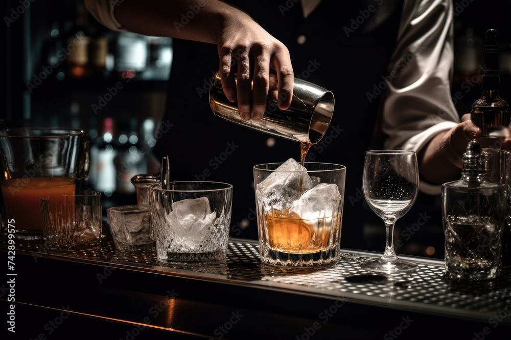 A professional bartender expertly mixes a drink with precision in a well-equipped, high-end bar setting.