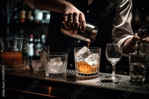 A professional bartender expertly mixes a drink with precision in a well-equipped, high-end bar setting.