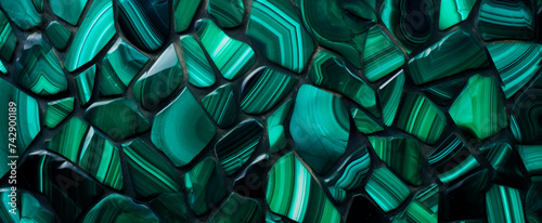 Vivid green malachite stones with unique stripes form a textured backdrop, exuding a sense of luxury and natural beauty photo