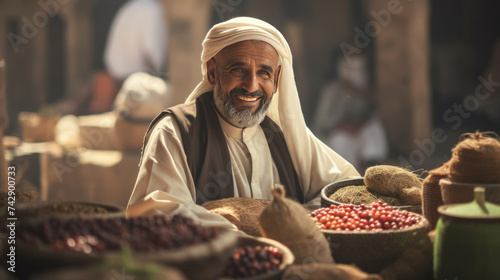 Arab man sitting next to the food he sells in the market.