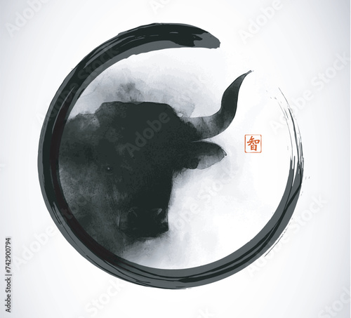 Sumi-e style painting with the head of a bull in mist, depicted with bold and fluid black ink strokes in black enso zen circle. Hieroglyph - wisdom.