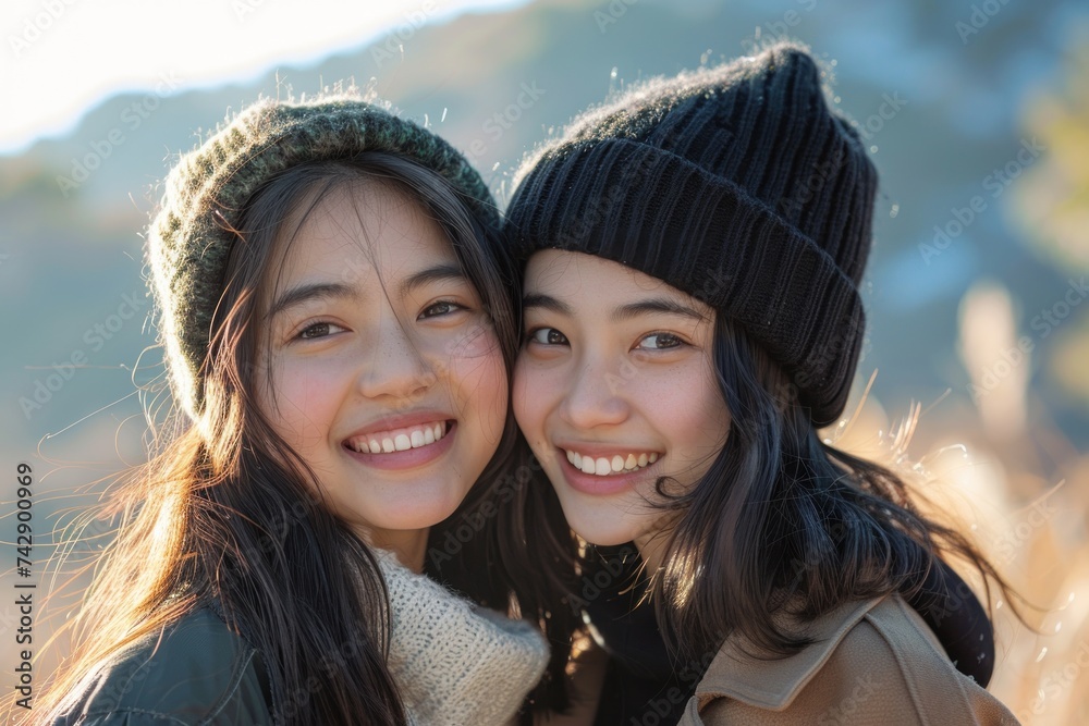 heartwarming scene of pure joy, two young girls smile brightly as they embrace each other in a loving hug, their happiness radiating heartwarming scene of pure joy, two young girls smile brightly as they embrace each other in a loving hug, their happiness radiating