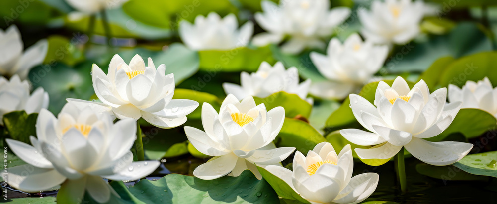 Serene pond abundant with blooming white water lilies and lush green pads, symbolizing peace and purity Serene pond abundant with blooming white water lilies and lush green pads, symbolizing peace and purity