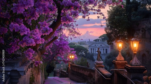 As twilight falls over Park Colle Oppio on The Oppian Hill, Rome, Italy, the soft glow of streetlights illuminates the blooming purple bougainvillea tree, casting a warm photo