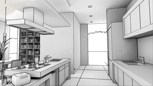 3D animation of a modern upscale interior with open plan kitchen and library