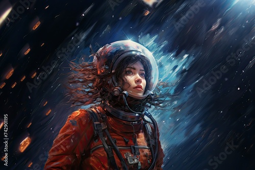 Astronaut woman in space. Fantasy universe. young female astronaut at dreamy space. abstract universe. cosmonauts space exploration. 3D rendering.