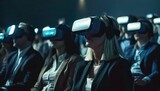 Happy young professional testing innovative VR technology; man and woman in modern office, enjoying futuristic entertainment together, wearing 3D goggles and headset