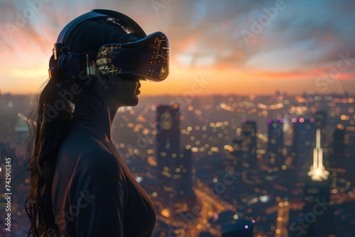 urban scene, a young woman wears VR glasses, immersed in a virtual reality experience as she gazes out over the city skyline at sunset © Wuttichai