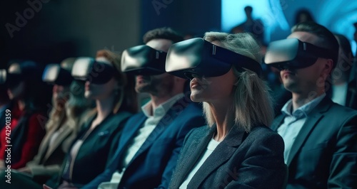 Happy young professional testing innovative VR technology; man and woman in modern office, enjoying futuristic entertainment together, wearing 3D goggles and headset