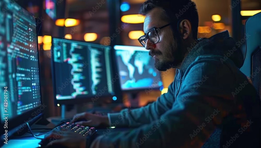man engrossed in his computer screen, surrounded by the dim glow of the office, delving into the intricacies of software development or perhaps navigating man engrossed in his computer screen, surrounded by the dim glow of the office, delving into the intricacies of software development or perhaps navigating
