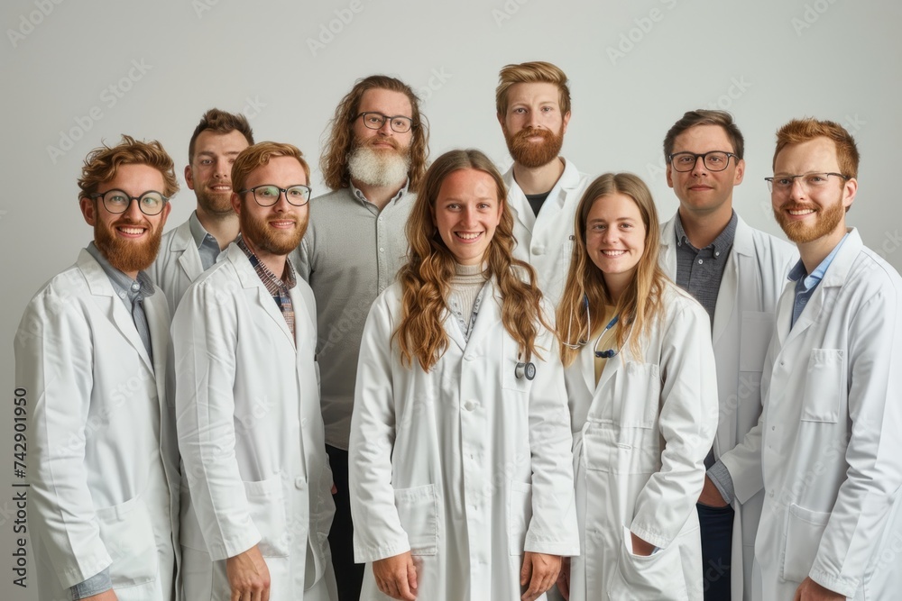 hospital setting, a diverse group of doctors and medical professionals stand together, their faces beaming with genuine happiness and camaraderie