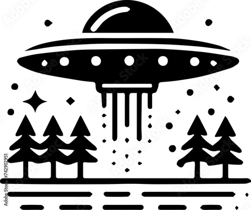 森の中に現れた大きなUFOのシルエットイラスト
