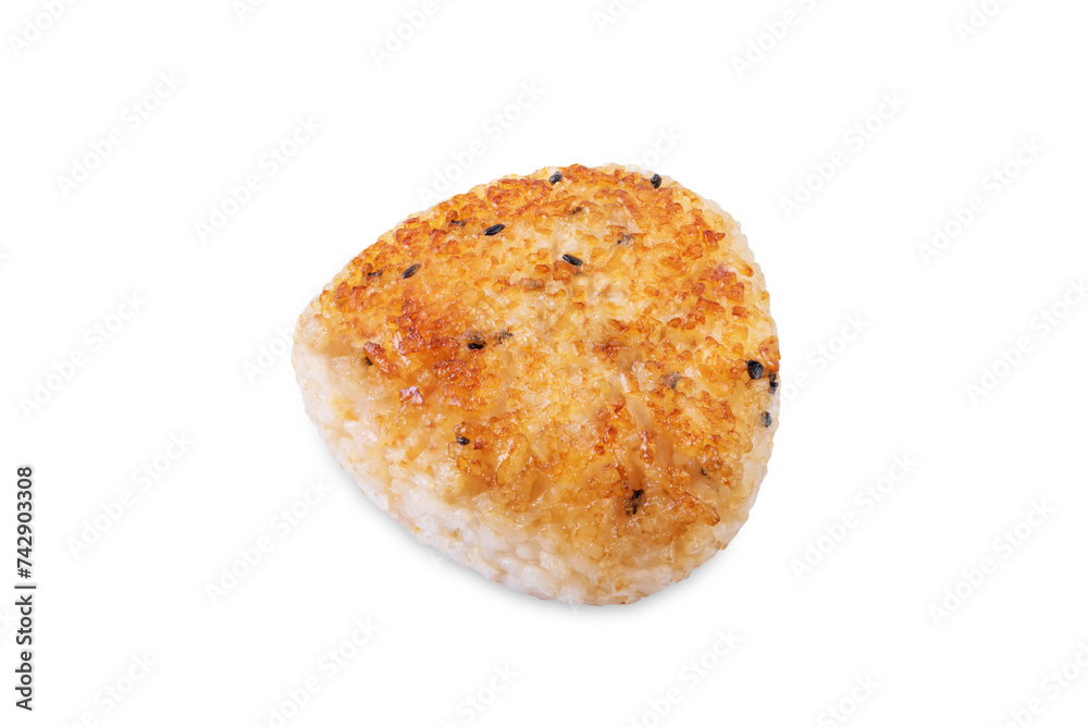 Yaki onigiri, Japanese triangular rice balls stuffed with shrimp on a white isolated background