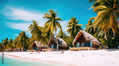 Bungalows of tropical beach with white sand, palm trees and turquoise waters. © Wararat